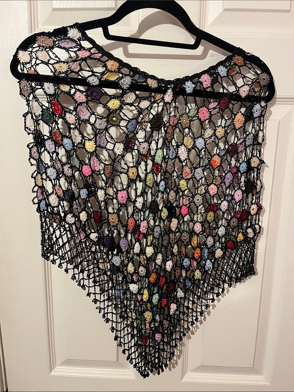 Handmade Black Crochet Shawl with Multicolor Floral Accents